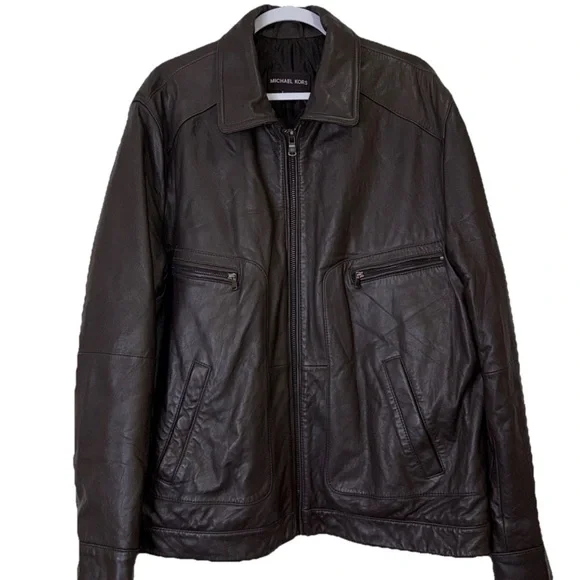 Michael Kors Men's Dark Brown Leather Jacket Coat Multiple Pockets XXL - Picture 1 of 16